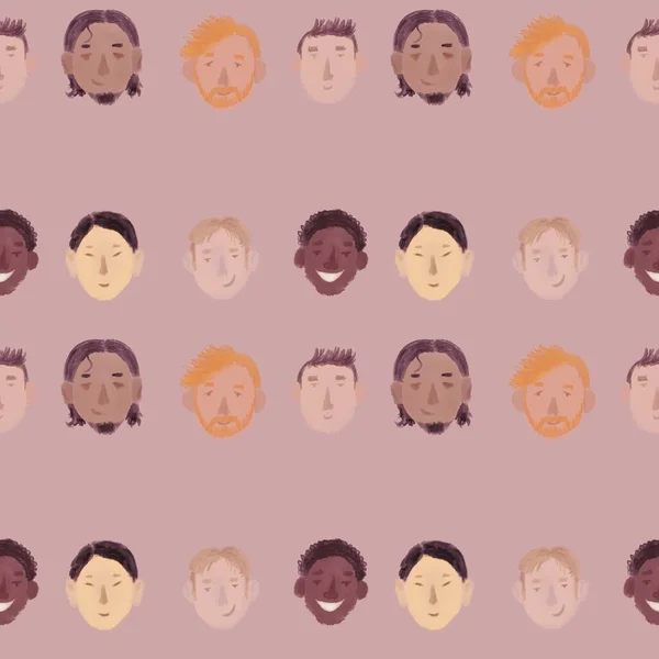 Çizim, kare format, kusursuz desen. Bir grup gülümseyen adam, bir sürü insan, pembe arka planda pastel renkli farklı milletler. Bireysellik ve birlik kavramı