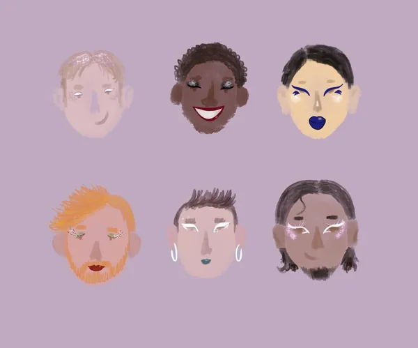 Roztomilá Horizontální Ilustrace Skupina Usměvavých Transsexuálních Mužů Šest Nebinárních Pohledných — Stock fotografie