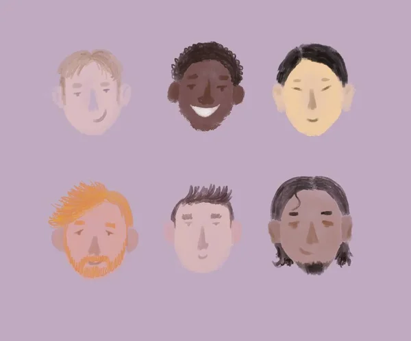 Linda Ilustración Horizontal Grupo Hombres Sonrientes Individuos Diferentes Nacionalidades Colores — Foto de Stock