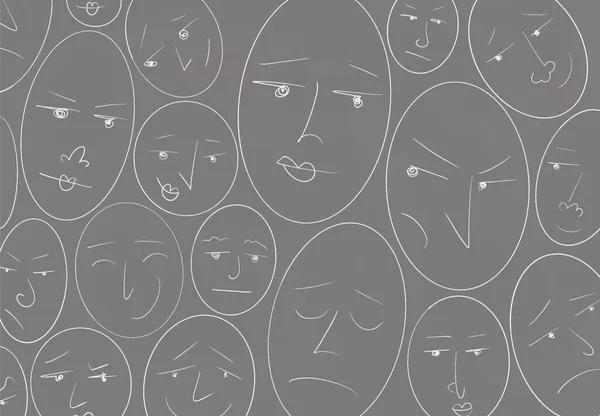 abstract horizontal illustration, many heads with different emotions such as anger, sadness, joy, envy, happiness, disgust, excitement, sympathy, etc., on a gray background. concept of different human emotions