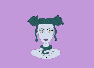 Yatay çizim, mor arka planda şeytani bir mitolojik yaratığın portresi Medusa Gorgon saç yerine zehirli yılanlar, modaya uygun bir saç şekli, yılan kolyesi.