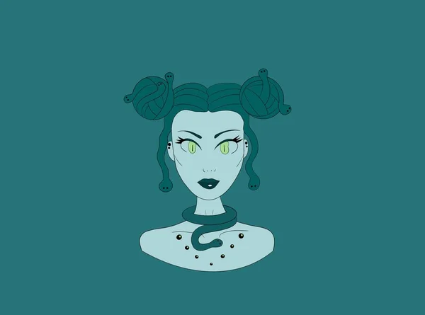 Yatay çizim, şeytani mitolojik bir yaratığın portresi Medusa Gorgon 'un yeşil arka planda parlak makyajı saç yerine zehirli yılanlar, modaya uygun saç stili, yılan kolyesi.