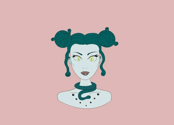 horizontal illustration, a portrait of an evil mythological creature Medusa Gorgon on a soft pink background, poisonous snakes instead of hair, a fashionable hairstyle, a snake necklace