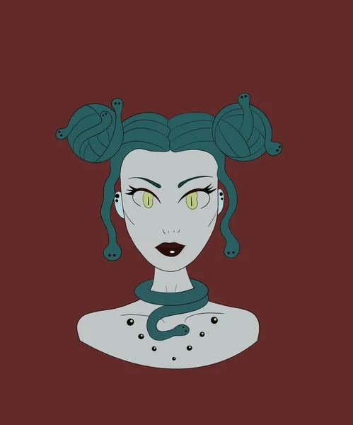 vertical illustration, portrait of the mythological creature Medusa Gorgon with bright make-up on a burgundy background, poisonous snakes instead of hair, fashionable hairstyle, snake necklace