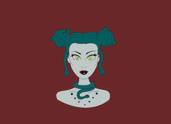 horizontal illustration, portrait of the mythological creature Medusa Gorgon with bright make-up on a burgundy background, poisonous snakes instead of hair, fashionable hairstyle, snake necklace