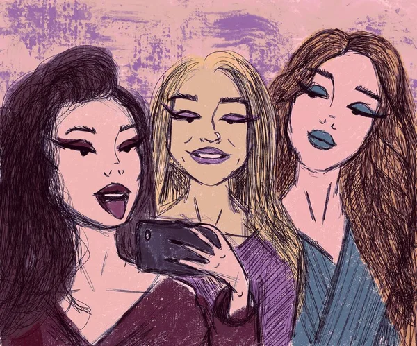 Dikey illüstrasyon, üç güzel kız arkadaş parlak makyajlı mankenler, aynada selfie çekin.