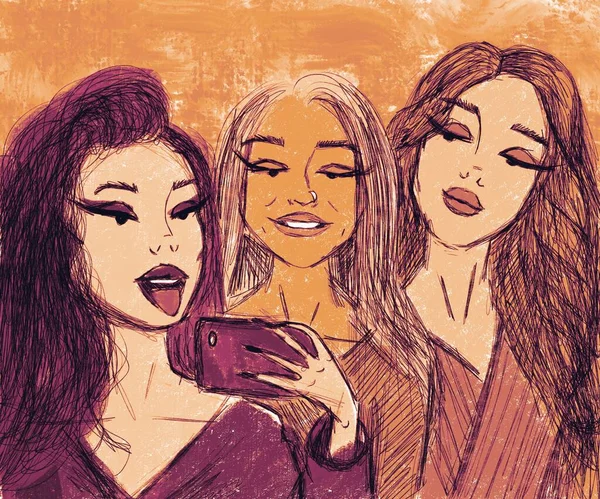 dikey illüstrasyon, parlak makyajlı üç güzel kız arkadaş, turuncu arka planda aynada bir selfie çek.