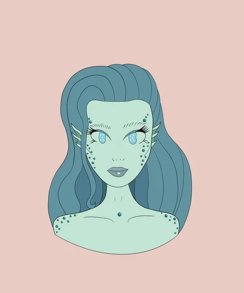 cute vertical illustration. portrait of a fictional fairy tale mythical creature, a sea creature, a beautiful sea little mermaid, with an expressive look, with blue hair and eyes on a light pink background