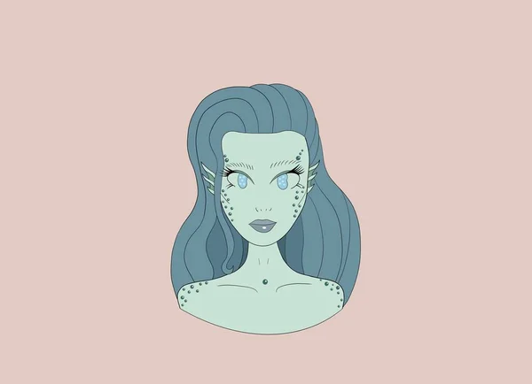 cute horizontal illustration. portrait of a fictional fairy tale mythical creature, a sea creature, a beautiful sea little mermaid, with an expressive look, with blue hair and eyes on a light pink background