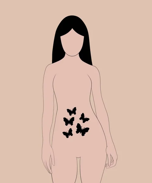 Вертикальная Иллюстрация Одинокая Девушка Лица Одежды Бабочки Летят Внутри Желудка — стоковое фото