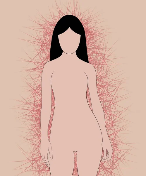 vertical illustration. isolated girl without a face, without clothes, behind there are many red needles, symbolizing pain in the body, on a beige background. the concept of human anatomy, the structure of the human body, body pain, injury