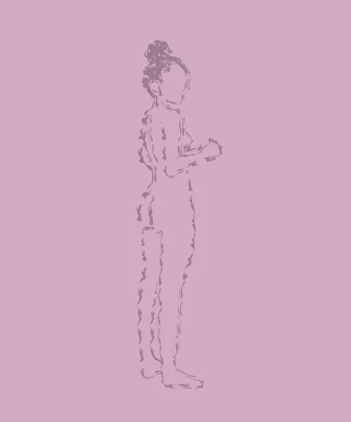 vertical illustration. sketchy, isolated girl, no face, no clothes, turned back, on a pink background. the concept of naturalness and natural beauty
