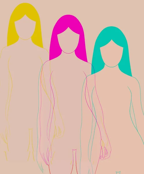 Ilustracja Pionowa Trzy Dziewczyny Bez Twarzy Ubrania Trzech Kolorach Żółty — Zdjęcie stockowe