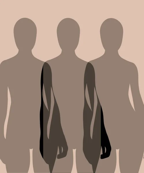 vertical illustration. three mannequins without a face and without hair, translucent, ghosts, on a beige background