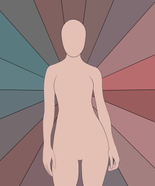 dikey illüstrasyon. Yüzü ve saçı olmayan izole bir manken. Pastel bir palette.