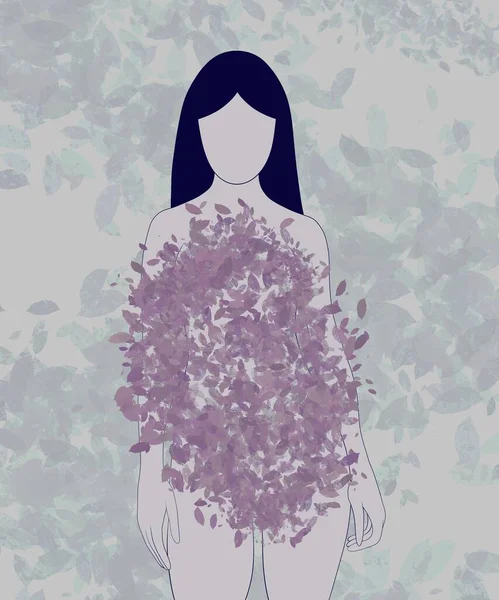 vertical illustration. isolated girl without a face, who has a delicate red dress made of leaves on a delicate green background, against which the leaves swirl. the concept of fashion and unusual outfit, clothes