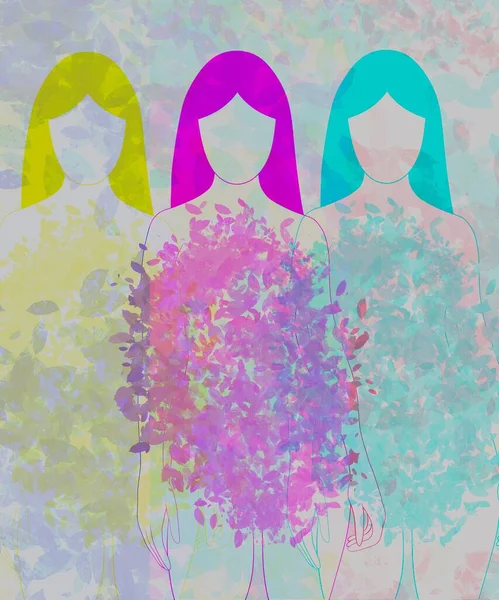 vertical illustration. three translucent girls without a face, in three colors, yellow, pink and blue, they have clothes made of leaves, bright and colorful, on a gentle background