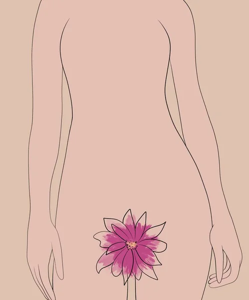 dikey illüstrasyon. Dişi vulvayı saklayan parlak pembe çiçek. Kadınlık, cinsellik ve doğurganlık kavramı