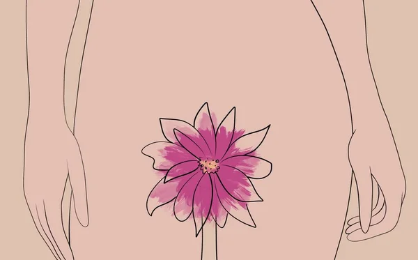 horizontal illustration. a beautiful pink flower in the inguinal zone of a woman, symbolizing the female vagina. concept of femininity, sexuality and fertility