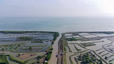 Balık havuzu ekiminin havadan görünüşü, uzun nehir, okyanus sınırı, yeşil mangrov ağaçlarıyla çevrili. Drone Videoları 4K