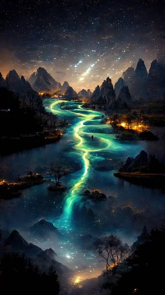 beautiful night landscape with mountains and lake with stars