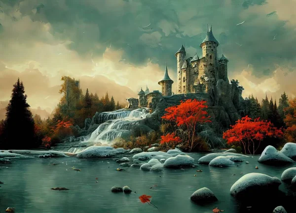 fantasy landscape with castle and trees