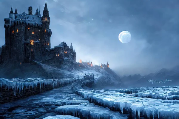 beautiful night landscape with snow and castle