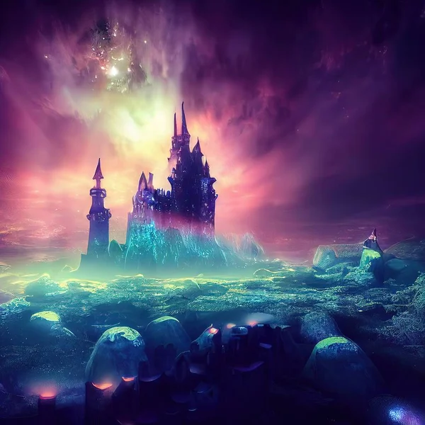 fantasy alien flying castle at night. fairytale background. 3d illustration.
