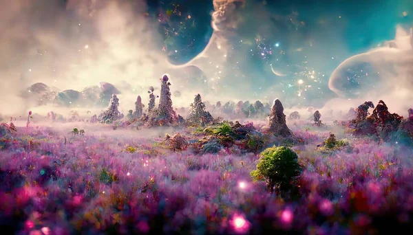 magic fantasy field with flowers and snow.