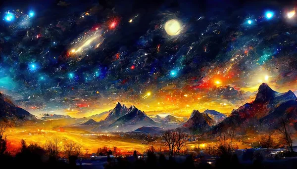 beautiful landscape with mountains and stars