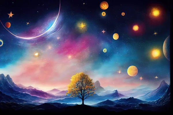 beautiful landscape with stars and moon