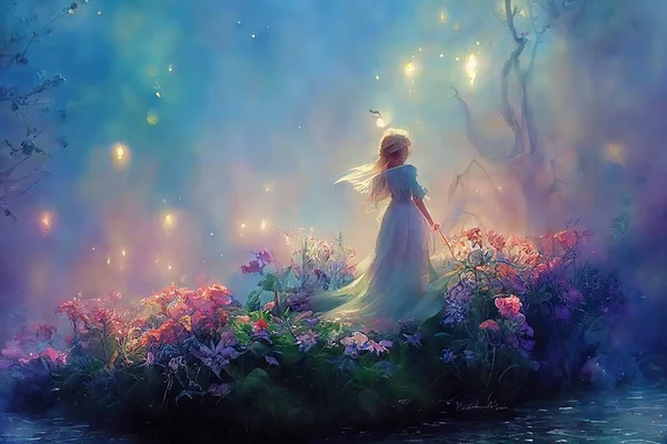 fairy tale princess with magic wand in the forest