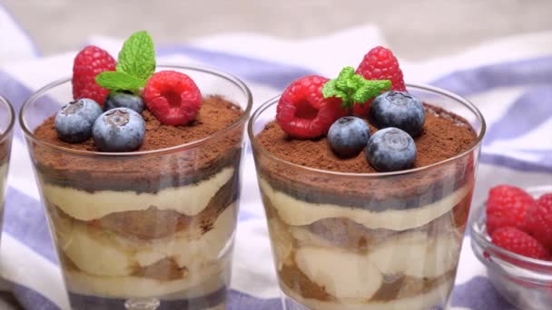 Tiramisu Dessert Met Bessen Munt Een Witte Achtergrond — Stockvideo