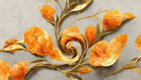 3d wallpaper orange jewelry flowers with golden branches on marble background.