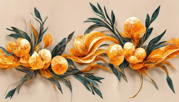 3d wallpaper orange jewelry flowers with golden branches on marble background.