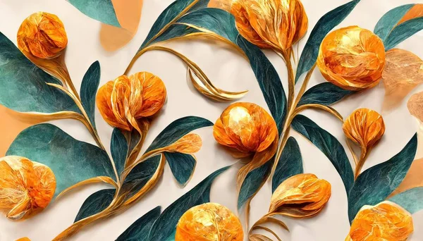 3d wallpaper orange jewelry flowers with golden branches on marble background.