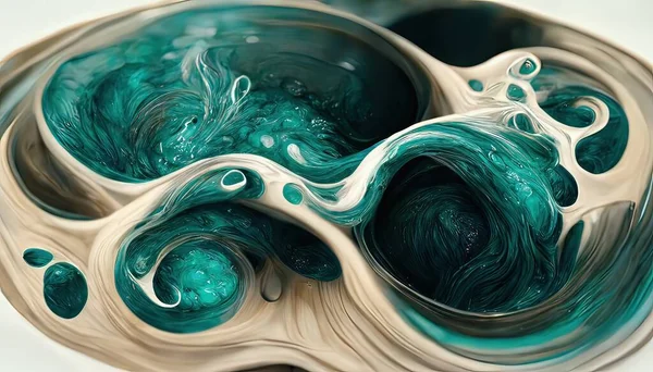 Spectacular image of teal and white liquid ink churning together, with a realistic texture and great quality for abstract concept. Digital art 3D illustration