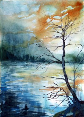 Alacakaranlıkta rıhtım, suluboya resim