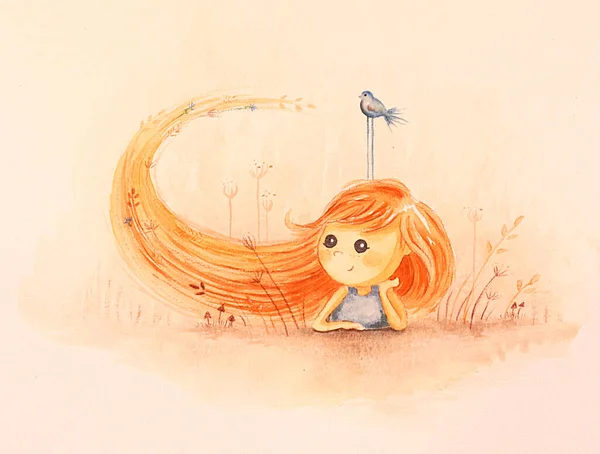 Çiçeklerin arasında çayırda dinlenen kız. Mutluluğun mavi kuşu. 