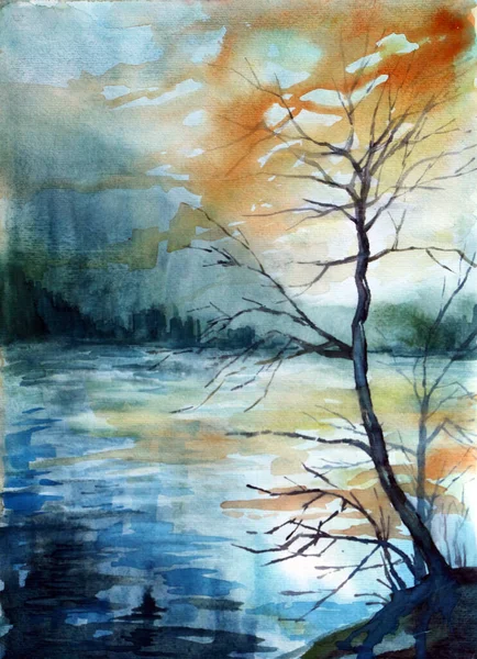 Alacakaranlıkta rıhtım, suluboya resim