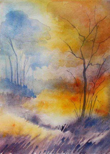 Sıcak renklerle güzel bir sonbahar tahtası - el yapımı suluboya çizimi.