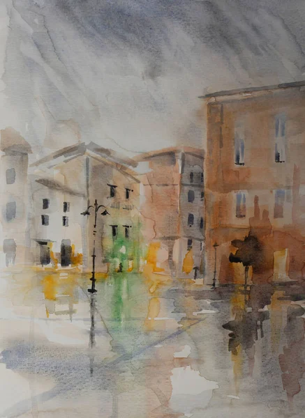 Rainy day in Rimini, Italy - handmade watercolor illustration.