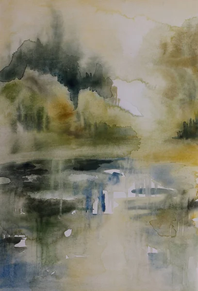 Sonbaharda nehir kıyısındaki ağaçlar - el yapımı suluboya çizimleri.