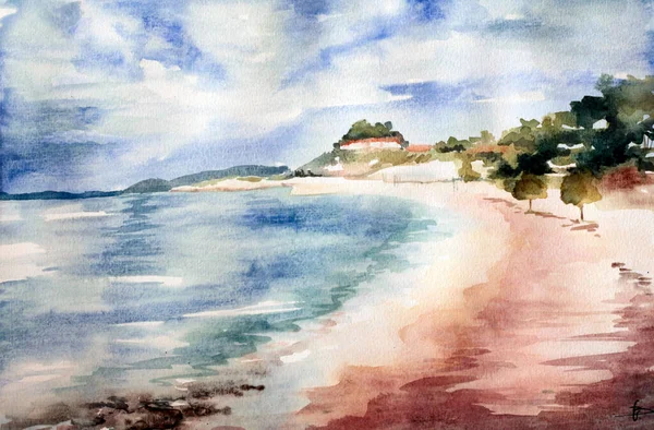 Mavi gökyüzü ve Adriyatik 'te kumlu plaj