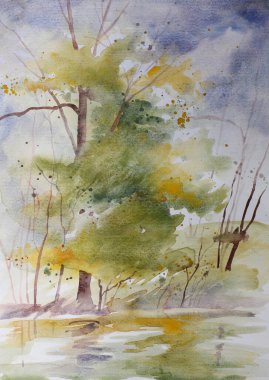 Yaz mevsiminde ağaçlar ve bulutlarla birlikte - el yapımı suluboya çizimi.