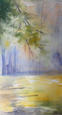 Ormanda rahat sonbahar ışıkları - el yapımı suluboya çizimi.