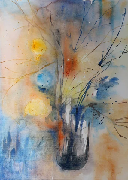 Vazo ve çiçeklerle dolu sakin bir hayat - el yapımı suluboya çizimi.