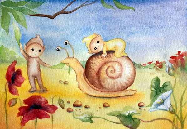 Çiçek tarlasında salyangoz olan sevimli elfler. Suluboya resim çizimi.