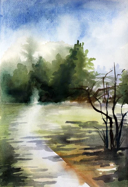 Orman yolu ile yaz manzarası. Suluboya resim çizimi.