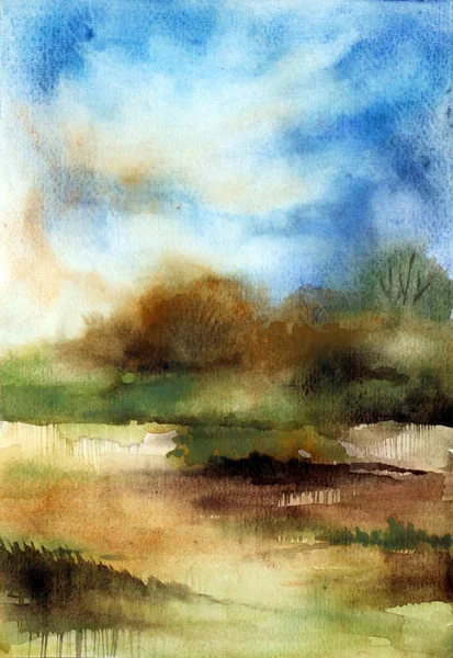 Yaz manzarası mavi gökyüzü ve çalılar. Suluboya resim çizimi.